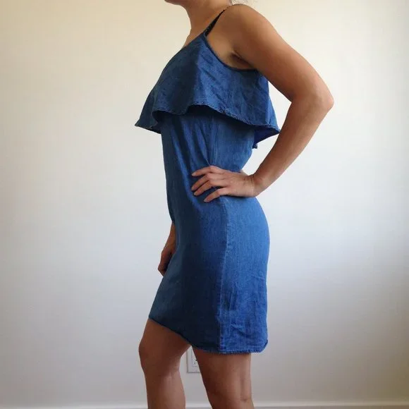 Denim Dress With Front Ruffle - Picture 3 of 13